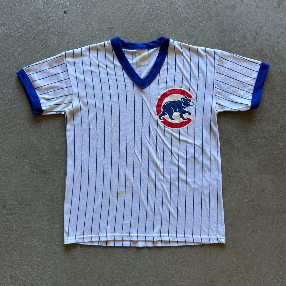 Vintage 80s Majestic Chicago Cubs Jersey Shirt Size Medium White Striped MLB